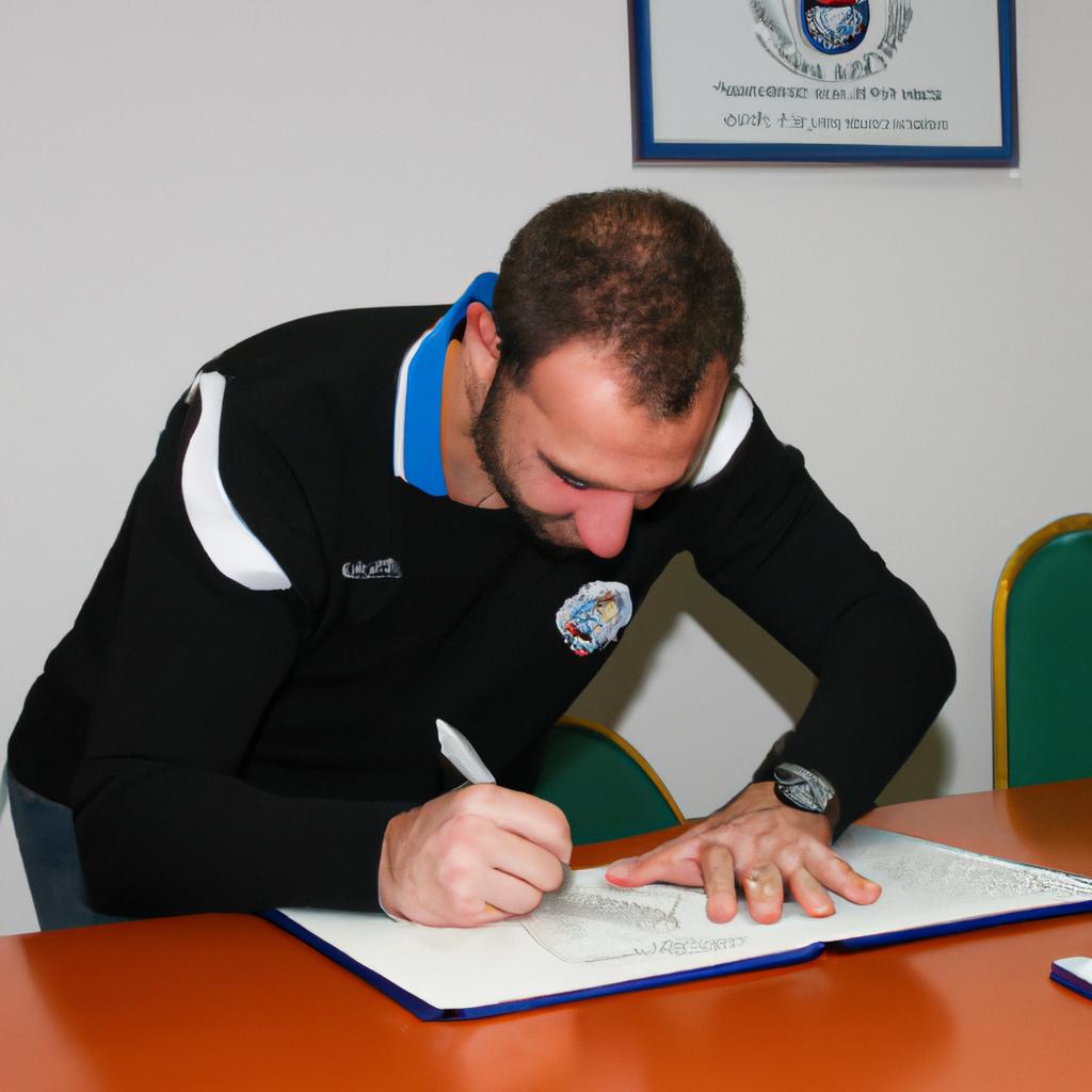 Person signing sponsorship contract, smiling